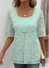 Mint Green tops,Plain Color tops,ROTITA Lace Mint Green Round Neck Fake Two Piece Twinset