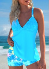 Cyan plus size,Plants plus size,ROTITA Plus Size Smocked Tropical Plants Print Cyan Tankini Set