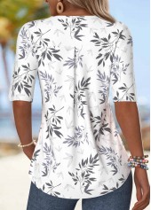 Grey tops,White tops,Plants tops,ROTITA Ruffle Leaf Print White V Neck Half Sleeve Blouse