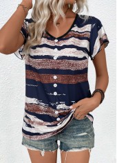 Multi Color tops,Geometric tops,ROTITA Button Geometric Print Multi Color V Neck T Shirt