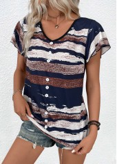 Multi Color tops,Geometric tops,ROTITA Button Geometric Print Multi Color V Neck T Shirt