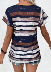 Multi Color tops,Geometric tops,ROTITA Button Geometric Print Multi Color V Neck T Shirt