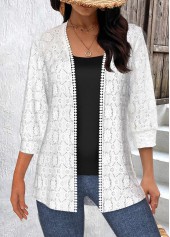 White tops,Plain Color tops,ROTITA Patchwork White Round Neck 3/4 Sleeve Coat