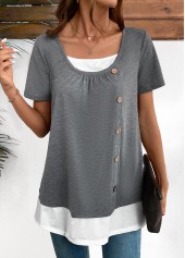 Dark Grey Marl tops,Contrast Color tops,ROTITA Fake 2in1 Dark Grey Marl Square Neck Shirt
