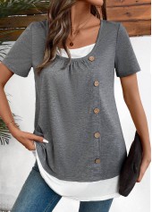 Dark Grey Marl tops,Contrast Color tops,ROTITA Fake 2in1 Dark Grey Marl Square Neck Shirt