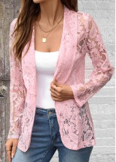 Rotita Plus Size Spitzen-Strickjacke mit rosa Revers und langen Ärmeln