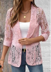Pink tops,Plain Color tops,ROTITA Plus Size Lace Pink Lapel Long Sleeve Light Cardigan