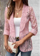 Pink tops,Plain Color tops,ROTITA Plus Size Lace Pink Lapel Long Sleeve Light Cardigan