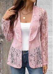 Pink tops,Plain Color tops,ROTITA Plus Size Lace Pink Lapel Long Sleeve Light Cardigan