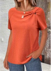 Orange tops,Plain Color tops,ROTITA Patchwork Orange Round Neck Short Sleeve T Shirt