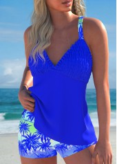 Royal Blue swimwear,Plants swimwear,ROTITA Smocked Royal Blue Tropical Plants Print Tankini Set