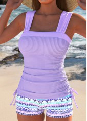 Light Purple swimwear,Geometric swimwear,Striped swimwear,ROTITA Drawstring Light Purple Geometric Print Tankini Set