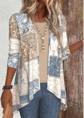 Light Camel tops,Geometric tops,Tribal tops,Plants tops,ROTITA Patchwork Geometric Print Long Sleeve Light Cardigan