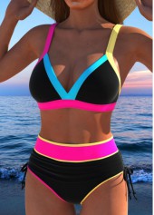Black swimwear,Multi Color swimwear,Contrast Color swimwear,ROTITA Contrast Binding Black High Waisted Bikini Set