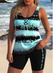 Mint Green swimwear,Black swimwear,Striped swimwear,Geometric swimwear,ROTITA Lace Up Mint Green Striped Tankini Set