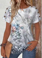 ROTITA Button Random Floral Print Grey Round Neck T Shirt