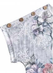 Grey tops,Plants tops,Floral tops,ROTITA Button Random Floral Print Grey Round Neck T Shirt