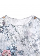Grey tops,Plants tops,Floral tops,ROTITA Button Random Floral Print Grey Round Neck T Shirt