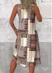 Gray Brown dresses,Geometric dresses,Striped dresses,Everyday dresses,Casual dresses,ROTITA Patchwork Geometric Print Gray Brown A Line Sleeveless Dress