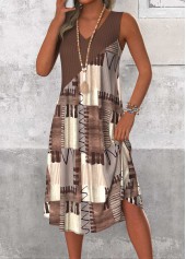 Gray Brown dresses,Geometric dresses,Striped dresses,Everyday dresses,Casual dresses,ROTITA Patchwork Geometric Print Gray Brown A Line Sleeveless Dress