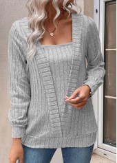 Light Grey tops,Plain Color tops,ROTITA Fake 2in1 Light Grey Square Neck T Shirt