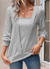 Light Grey tops,Plain Color tops,ROTITA Fake 2in1 Light Grey Square Neck T Shirt