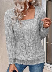 Light Grey tops,Plain Color tops,ROTITA Fake 2in1 Light Grey Square Neck T Shirt