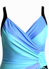 Blue swimwear,Striped swimwear,Geometric swimwear,Contrast Color swimwear,ROTITA Drawstring Blue Multi Stripe Print One Piece Swimwear