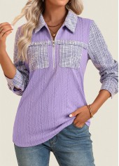 Light Purple tops,Plain Color tops,ROTITA Jacquard Light Purple Long Sleeve Shirt