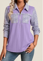 Light Purple tops,Plain Color tops,ROTITA Jacquard Light Purple Long Sleeve Shirt