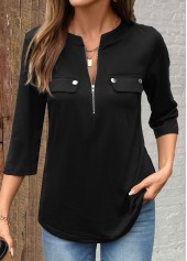 chemise à manches 3/4 noire à col fendu et fermeture éclair rotita