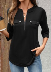 Black tops,Plain Color tops,ROTITA Zipper Black Split Neck 3/4 Sleeve Shirt