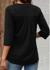 Black tops,Plain Color tops,ROTITA Zipper Black Split Neck 3/4 Sleeve Shirt