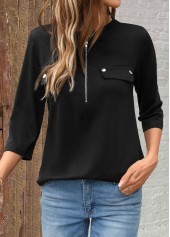 Black tops,Plain Color tops,ROTITA Zipper Black Split Neck 3/4 Sleeve Shirt
