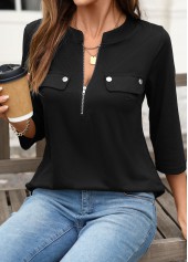 Black tops,Plain Color tops,ROTITA Zipper Black Split Neck 3/4 Sleeve Shirt