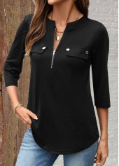 Black tops,Plain Color tops,ROTITA Zipper Black Split Neck 3/4 Sleeve Shirt