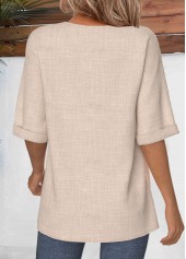 Light Camel tops,Plain Color tops,ROTITA Button Light Camel Round Neck Half Sleeve Blouse