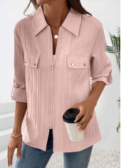 Dusty Pink tops,Plain Color tops,ROTITA Zipper Dusty Pink Long Sleeve Shirt