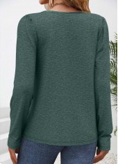 Green tops,Plain Color tops,ROTITA Tuck Stitch Green Split Neck Long Sleeve T Shirt