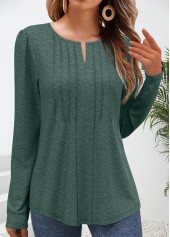 Green tops,Plain Color tops,ROTITA Tuck Stitch Green Split Neck Long Sleeve T Shirt