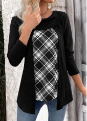 Black tops,Plaid tops,Striped tops,Geometric tops,ROTITA Plaid Black Round Neck Fake Two Piece Twinset