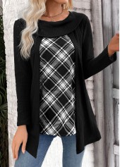 Black tops,Plaid tops,Striped tops,Geometric tops,ROTITA Plaid Black Round Neck Fake Two Piece Twinset