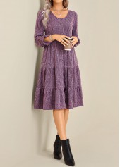 Purple dresses,Plain Color dresses,Everyday dresses,Casual dresses,ROTITA Button Purple Round Neck Long Sleeve Dress