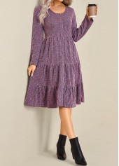 Purple dresses,Plain Color dresses,Everyday dresses,Casual dresses,ROTITA Button Purple Round Neck Long Sleeve Dress