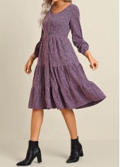 Purple dresses,Plain Color dresses,Everyday dresses,Casual dresses,ROTITA Button Purple Round Neck Long Sleeve Dress