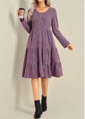 Purple dresses,Plain Color dresses,Everyday dresses,Casual dresses,ROTITA Button Purple Round Neck Long Sleeve Dress