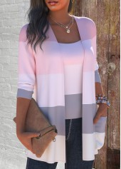 Pink tops,Striped tops,Contrast Color tops,ROTITA Plus Size Two Piece Striped Cardigan  and Tank Top