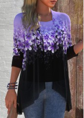 Purple tops,Floral tops,Plants tops,Ombre tops,ROTITA Two Piece Floral Print Purple Cardigan and Tank Top
