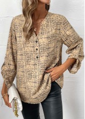 Light Camel tops,Graphic tops,ROTITA Button Graffiti Print Light Camel Split Neck Shirt