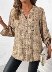 Light Camel tops,Graphic tops,ROTITA Button Graffiti Print Light Camel Split Neck Shirt